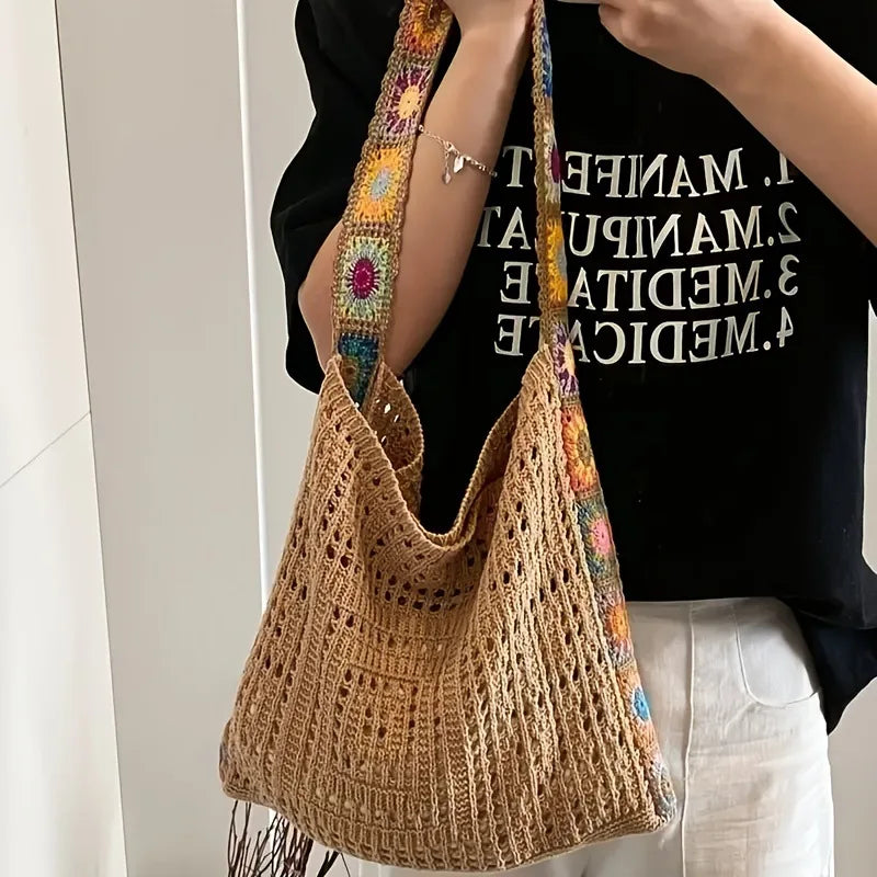 Boho Crochet Shoulder Bag – Floral Knit Large Tote