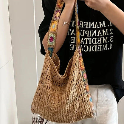 Boho Crochet Shoulder Bag – Floral Knit Large Tote