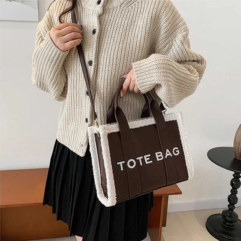 Tote Bag – Women's Quilted Letter Print Crossbody with Plush Edge