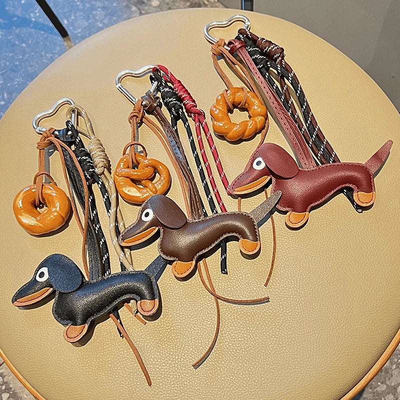 Dachshund Leather Keychain Bag Charm with Braided Rope