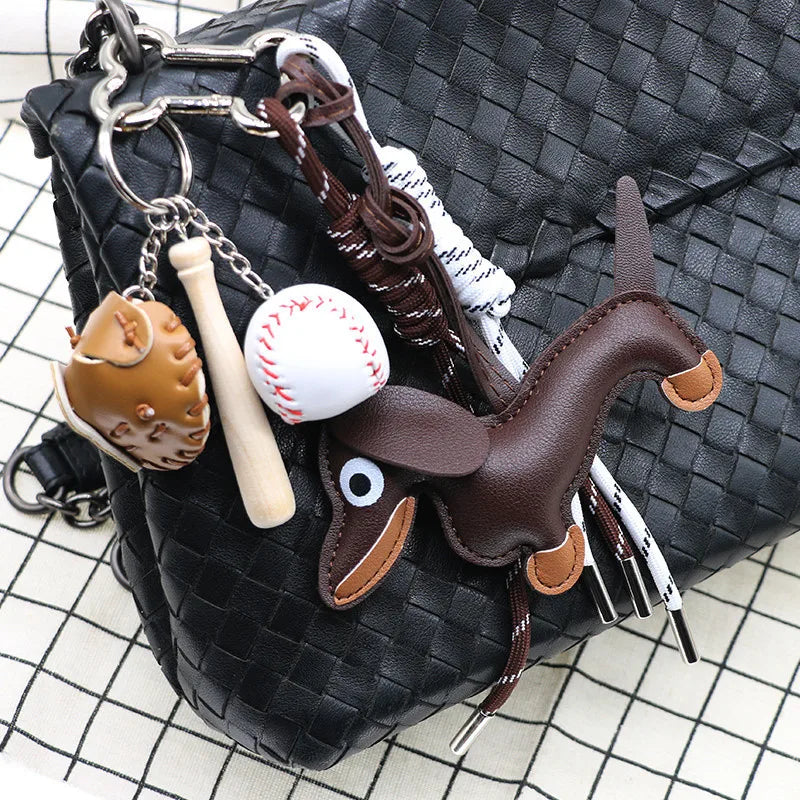 Dachshund Leather Bag Charm Keychain with Braided Rope & Chocolate Pendant