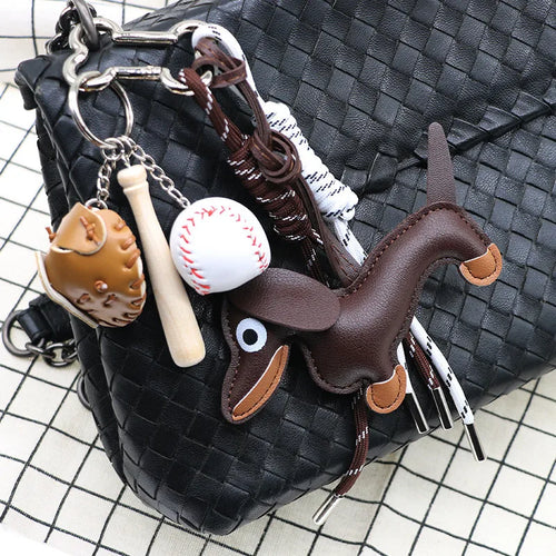 Dachshund Leather Bag Charm Keychain with Braided Rope & Chocolate Pendant