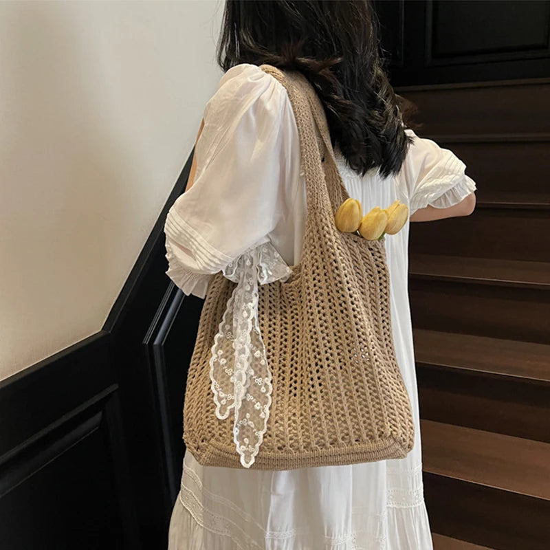 Lace Ribbon Woven Tote Bag – Bohemian Beach Shoulder Bag
