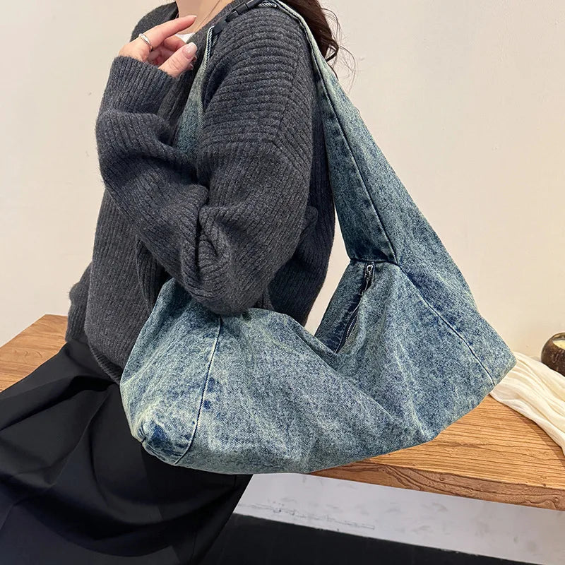 Casual Retro Denim Shoulder Bag Lightweight Large-Capacity Handbag Korean Lazy Style Underarm