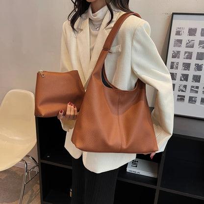 Large Capacity Leather Tote Shoulder Bag – 2-in-1 Shopper Set