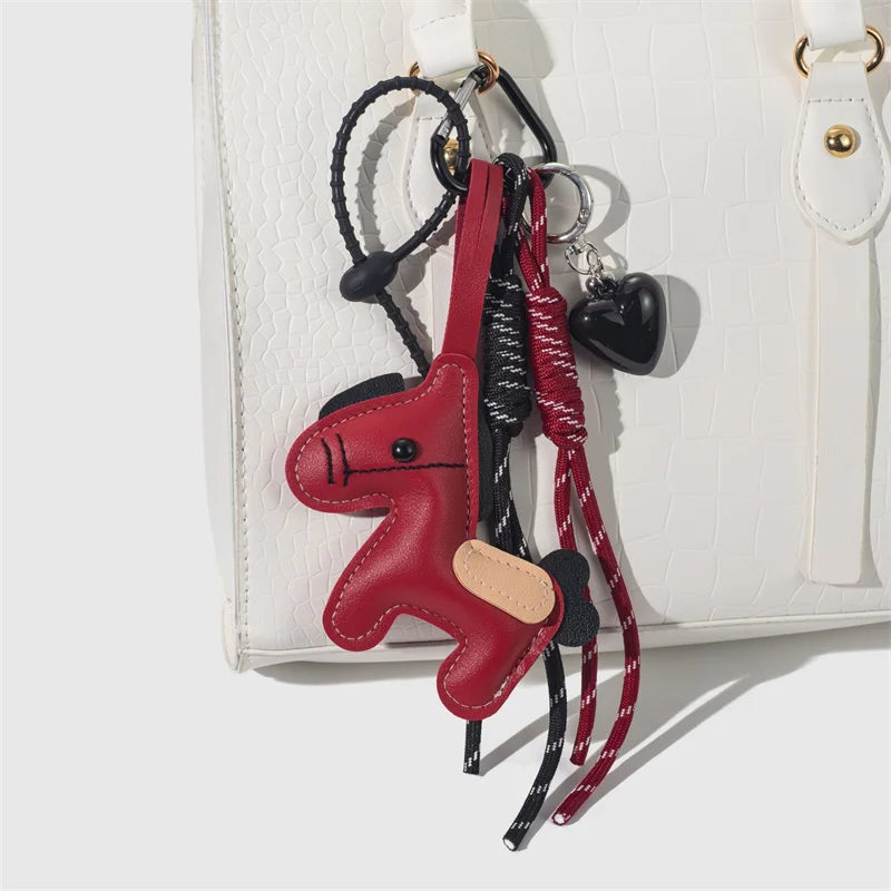 PU Leather Pony Keychain Bag Charm with Braided Rope & Bow