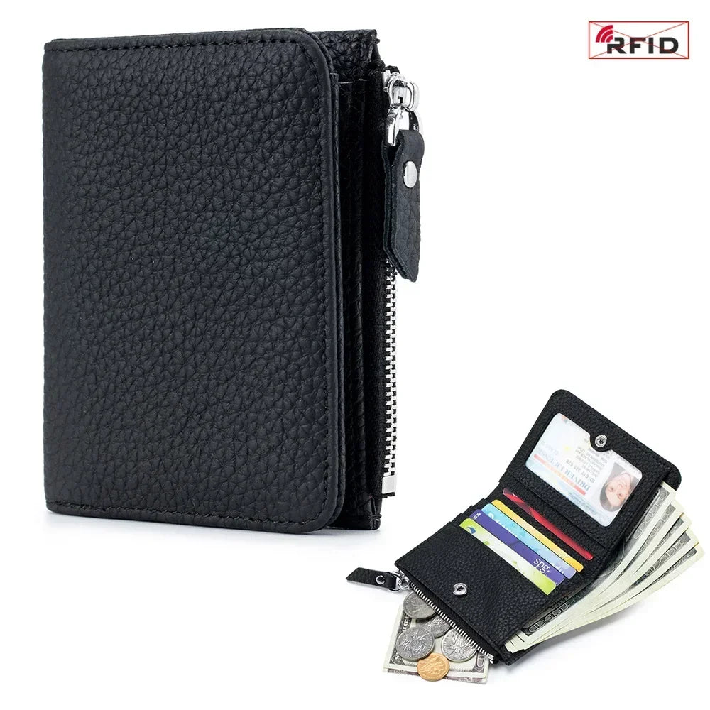 RFID Blocking Genuine Leather Wallet for Women – Short Bifold with Zipper Coin Purse