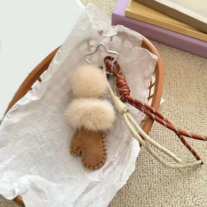 Fluffy Pom Pom Keychain with Leather Mitten Bag Charm for Women
