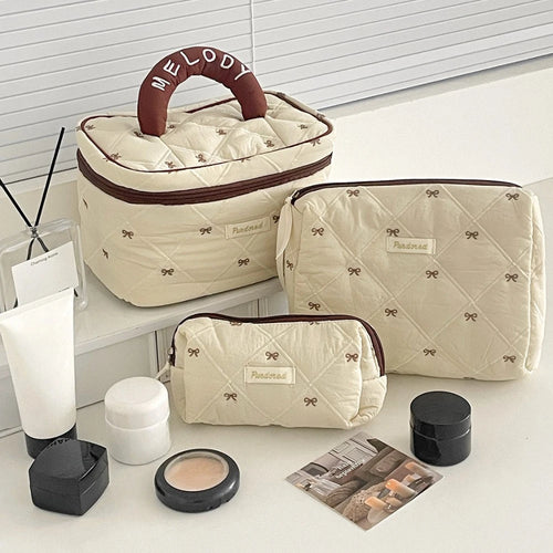 Quilted Bow Makeup Bag – Women's Large Capacity Cosmetic Pouch