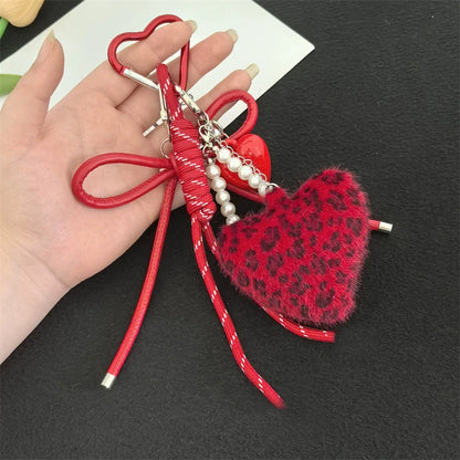 Leopard Heart Plush Keychain – Y2K Charm Bag Pendant for Women