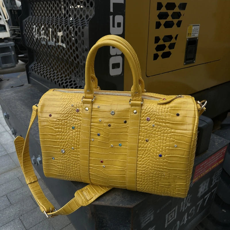 Crocodile Pattern Travel Handbag with Diamond Embellishments
