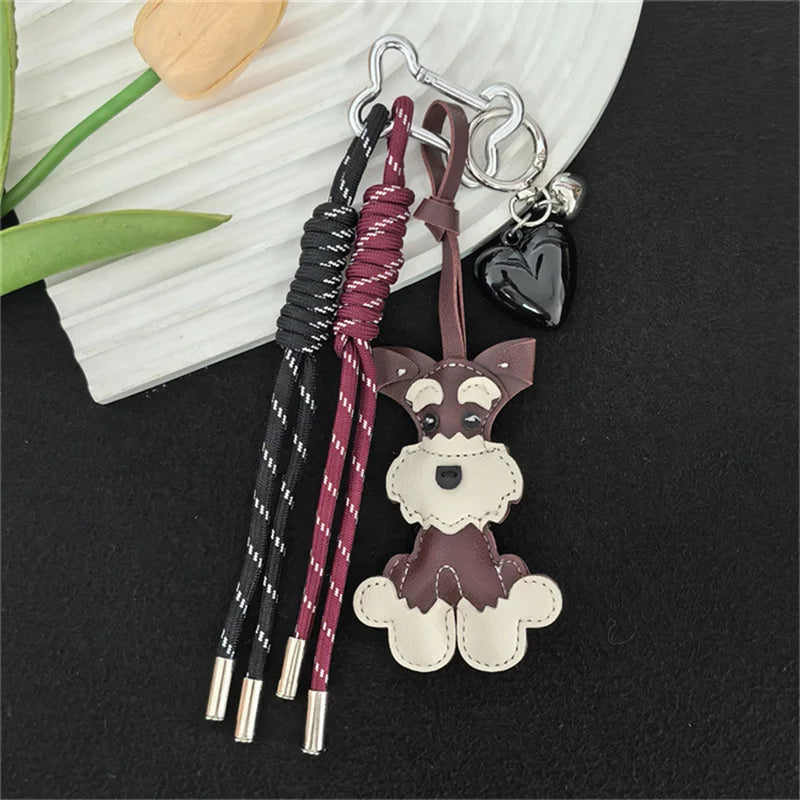 Schnauzer Keychain – Leather Dog Charm with Braided Rope Tassel