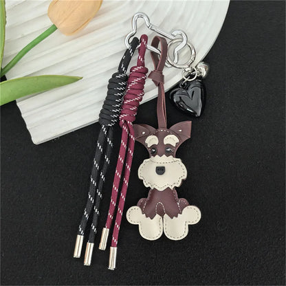 Schnauzer Keychain – Leather Dog Charm with Braided Rope Tassel