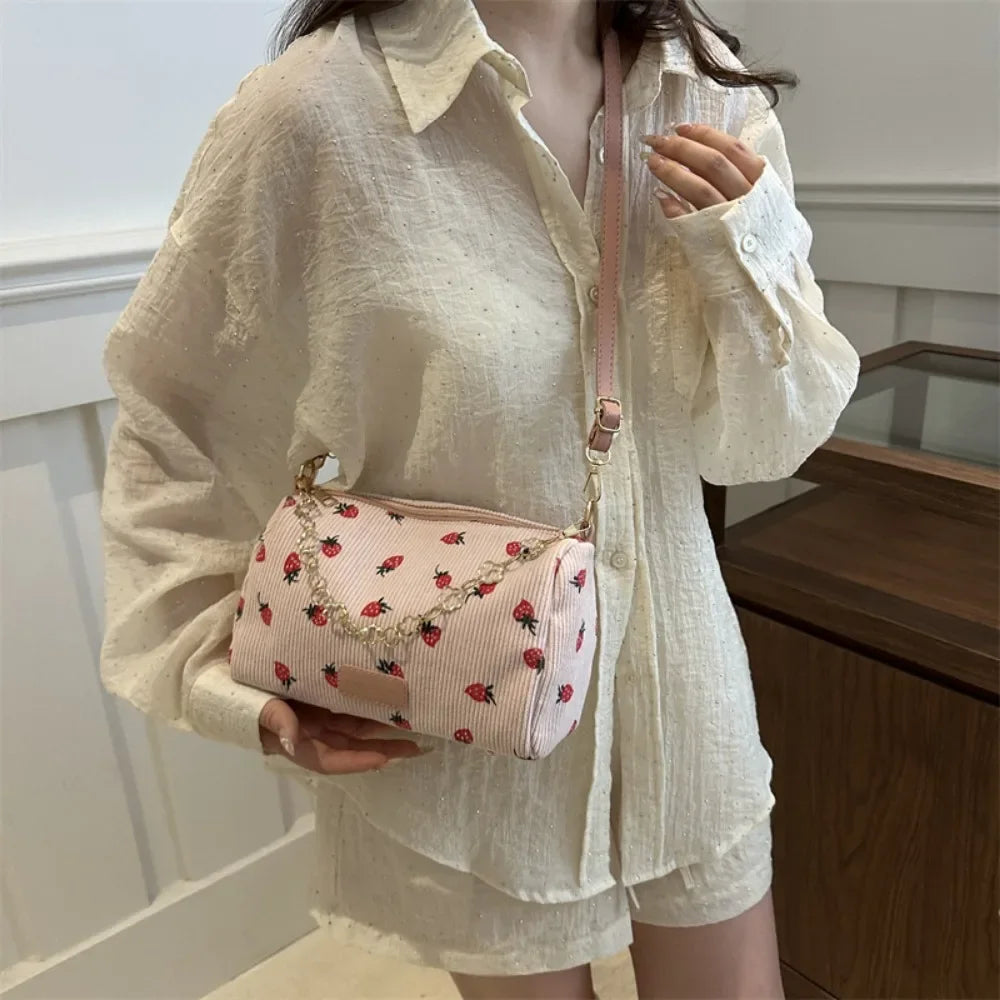 Strawberry Print Corduroy Crossbody Mini Bag for Women