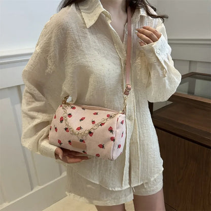 Strawberry Print Corduroy Crossbody Mini Bag for Women