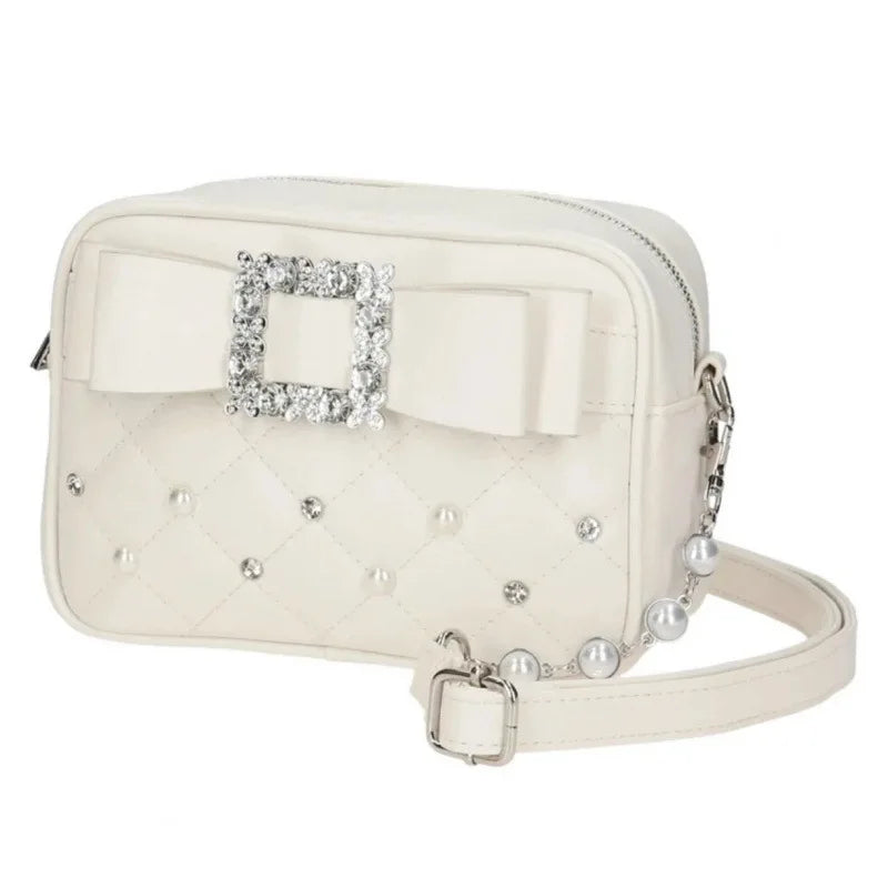 Diamond Bow Quilted Crossbody Bag – Women's Pearl Embellished Purse