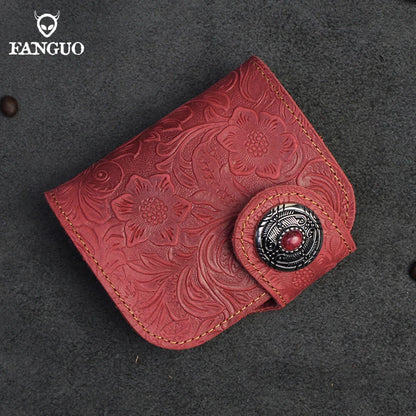 Men's Genuine Cowhide Leather Short Wallet – Floral Embossed Card Holder