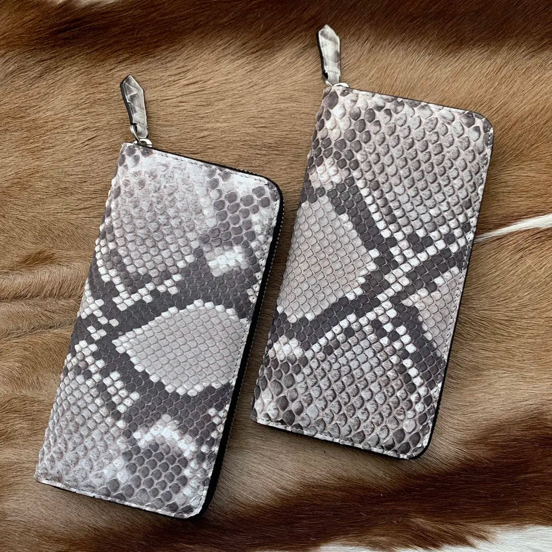 Python Skin Leather Long Wallet – Zipper Clutch with Multi-Card Slots