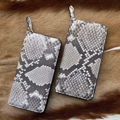 Python Skin Leather Long Wallet – Zipper Clutch with Multi-Card Slots
