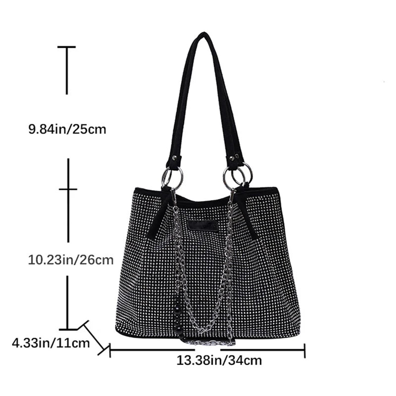 Rhinestone Tote Bag for Women – Large Bling Diamond PU Leather Chain Shoulder Bag