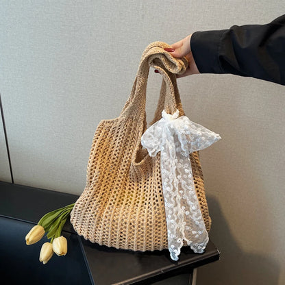 Lace Ribbon Woven Tote Bag – Bohemian Beach Shoulder Bag