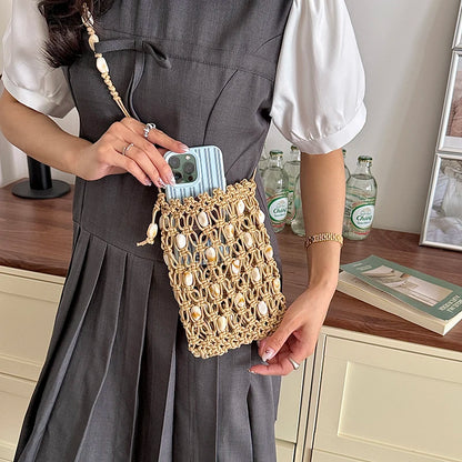 Moods Woven Design Drawstring Shoulder Bucket Bags Women Stone Beads Decor Phone Net Bag Trends