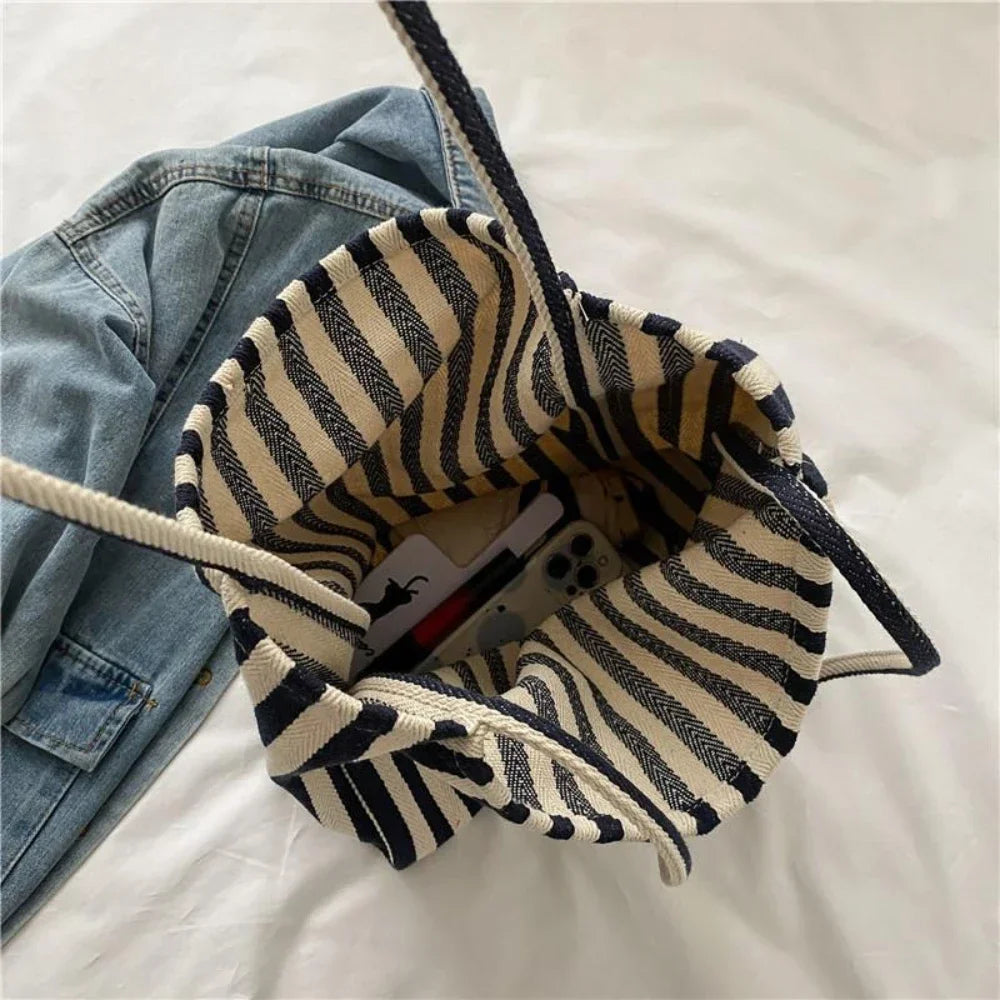 Large Canvas Tote Bag – Striped Shopper Shoulder Bag