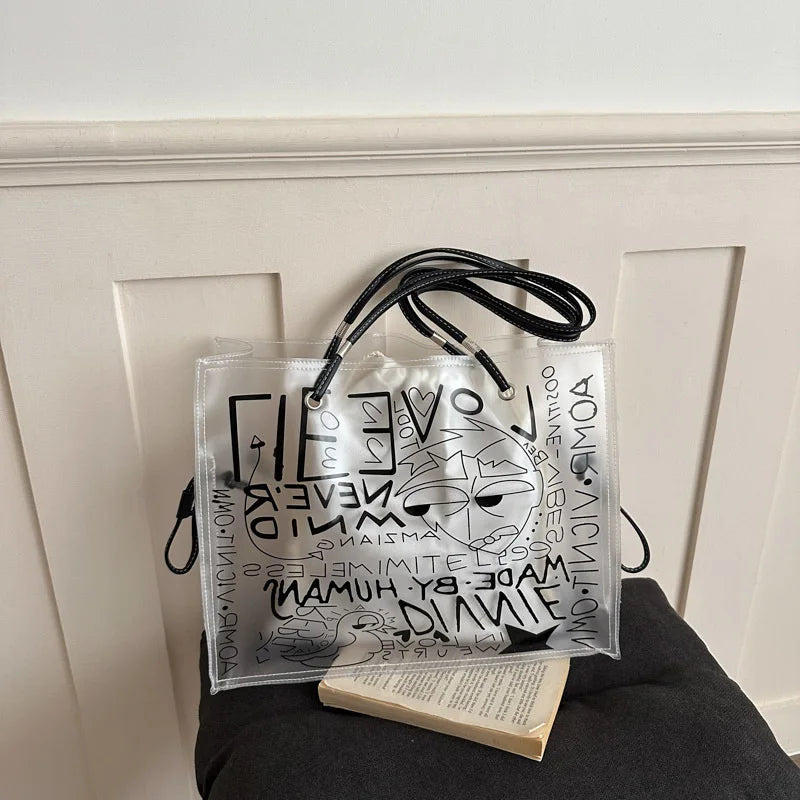 Transparent Pvc Jelly Tote Bag Inner Pouch Graffiti Letter Print Large Capacity Shoulder Summer