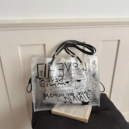 Transparent Pvc Jelly Tote Bag Inner Pouch Graffiti Letter Print Large Capacity Shoulder Summer