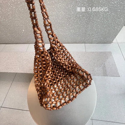 Handmade Wooden Bead Woven Handbag Vintage Double Bamboo Handle Hollow Bucket Bag