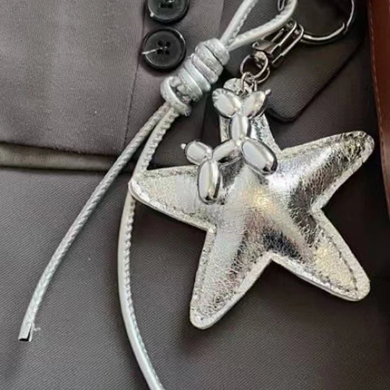Leather Star Bag Charm Keychain with Braided Rope