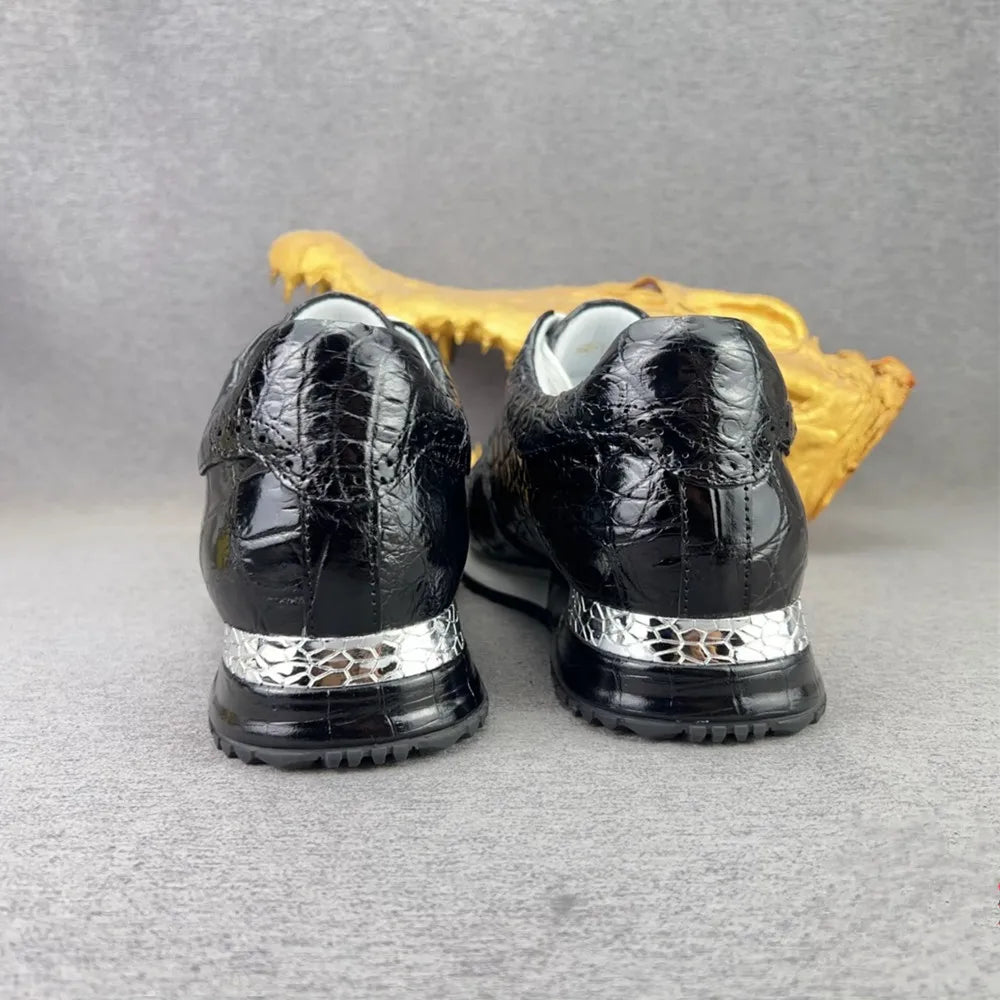 Crocodile Leather Men's Sneakers – Black Lace-Up Casual Shoes
