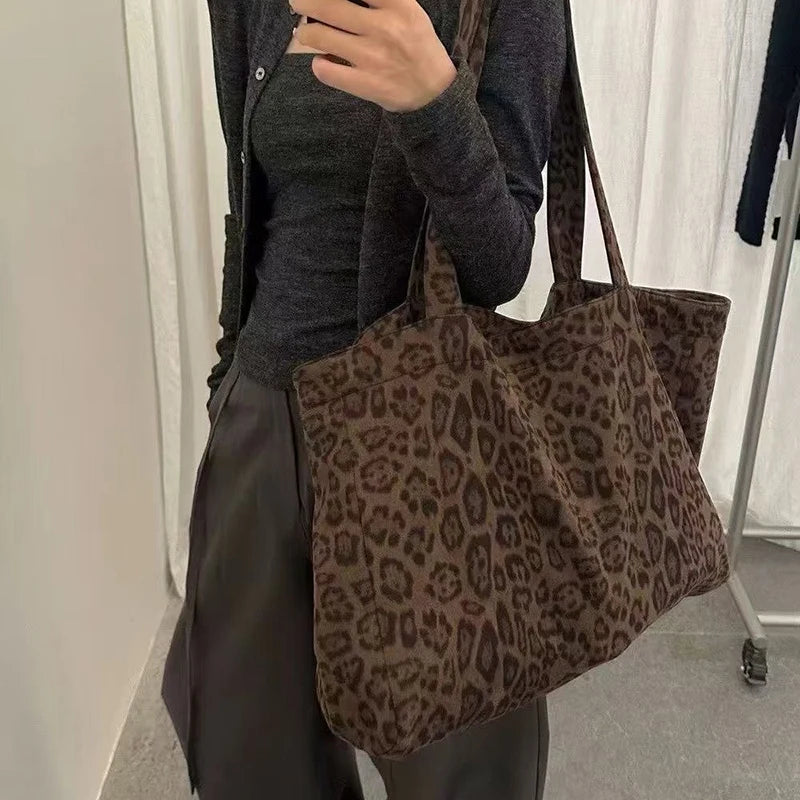 Leopard Print Suede Tote Bag Large Capacity for Women