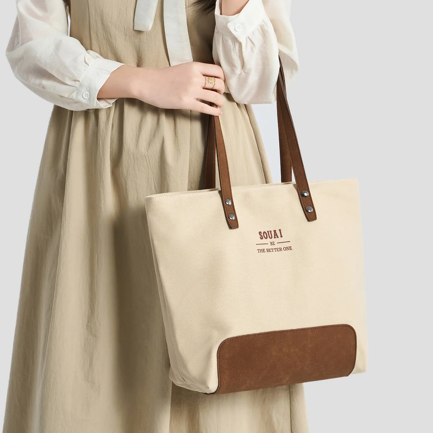 Canvas Tote Bag for Women – Letter Print Shoulder Bag for Work & Daily Use