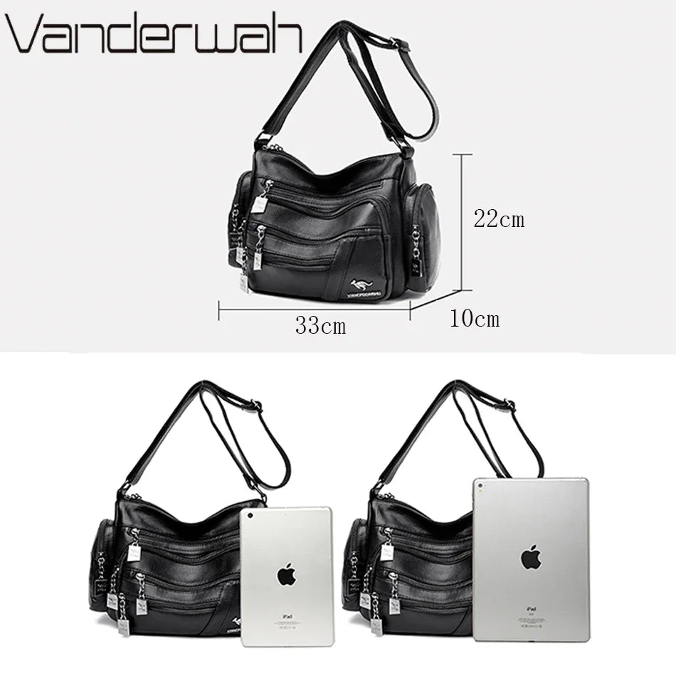 Multi-Pocket PU Leather Shoulder Bag – Women's Luxury Crossbody Messenger