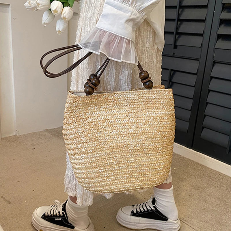 Straw Woven Shoulder Bag for Women – Handmade Boho Tote