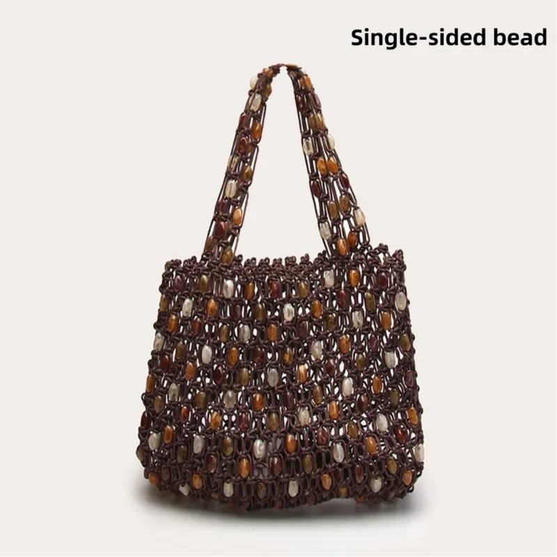 Bohemian Woven Handbag — Beaded Tote with Wooden Handle