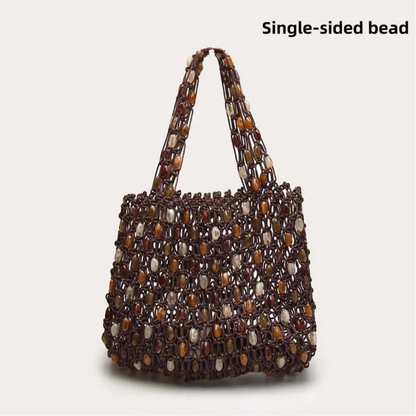 Bohemian Woven Handbag — Beaded Tote with Wooden Handle