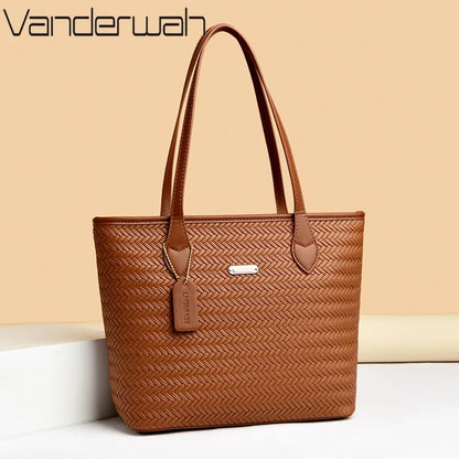 Women's Woven Texture Tote Bag – Large PU Leather Shoulder Work Bag