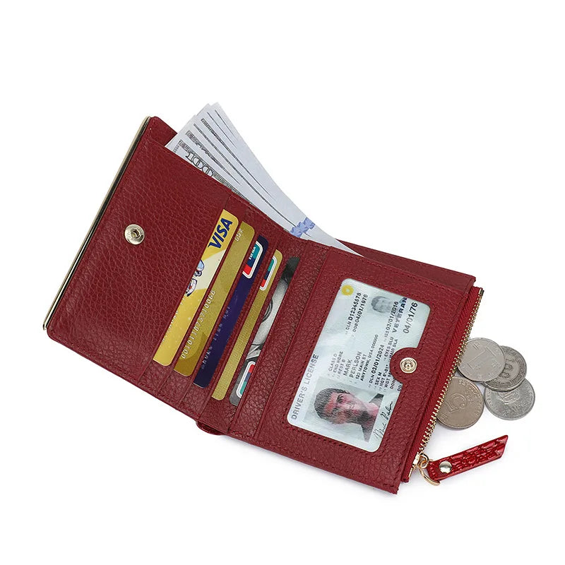 Genuine Leather Bifold Wallet for Women – Multi-Card Slots with Zipper