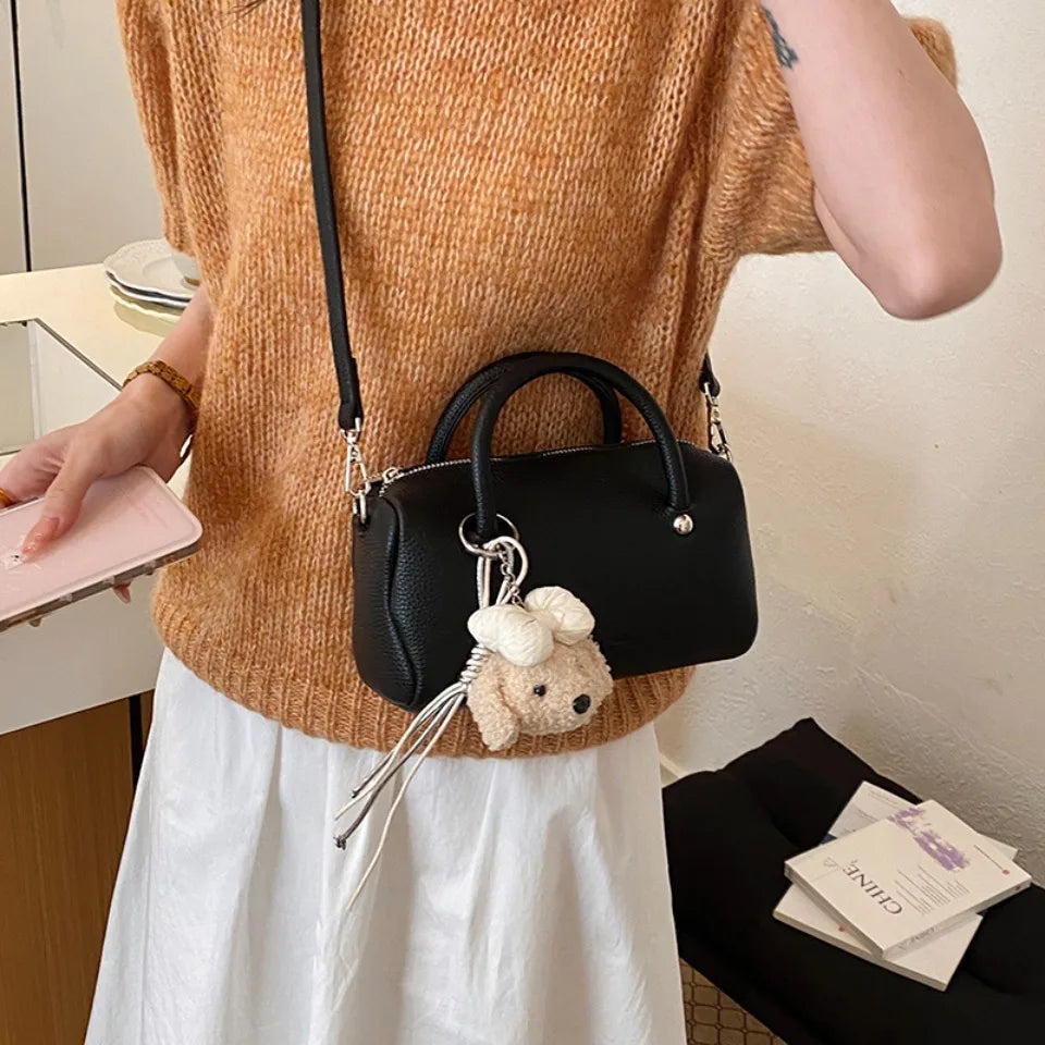 Women's Leather Top Handle Bag – Crossbody Shoulder Purse with Pendant