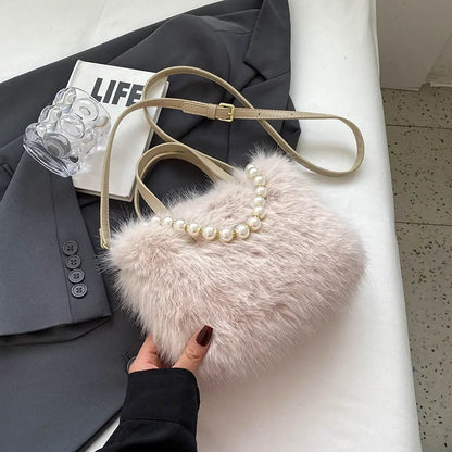 Faux Fur Crossbody Bag with Pearl Chain – Women's Winter Shoulder Handbag