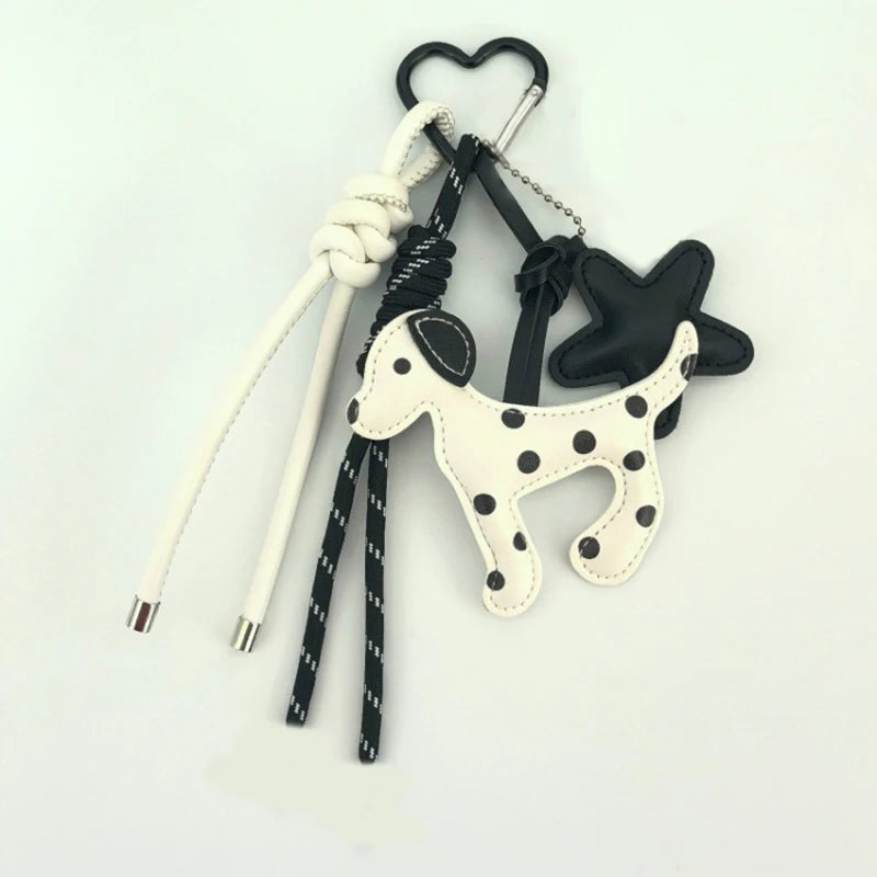 Dalmatian Leather Keychain Bag Charm with Braided Rope Tassel