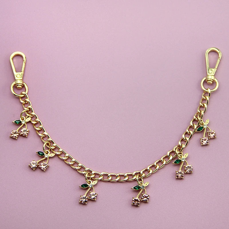 Crystal Cherry Bag Charm Chain with Dual Gold Clips