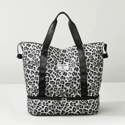 Leopard Print Travel Tote Bag with Bottom Compartment