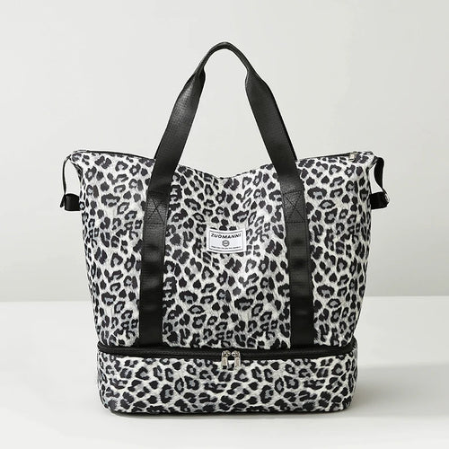 Leopard Print Travel Tote Bag with Bottom Compartment