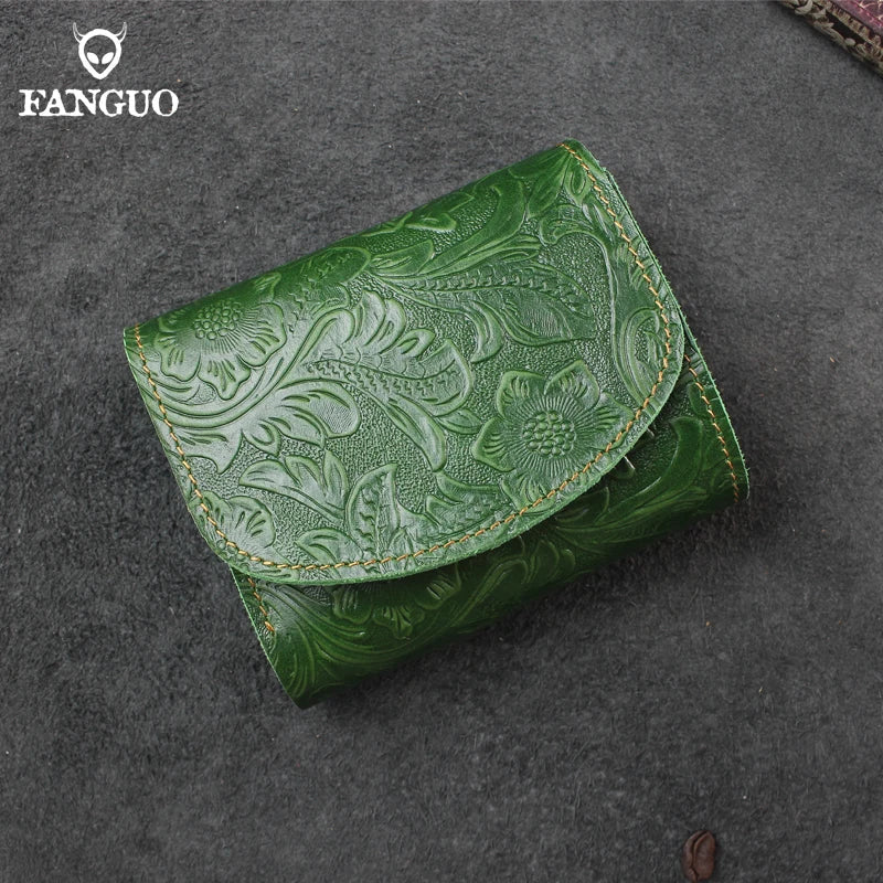 Genuine Leather Short Wallet – Floral Embossed Bifold Card Holder