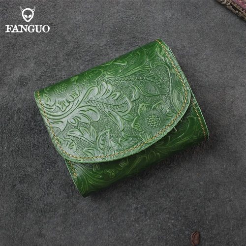 Genuine Leather Short Wallet – Floral Embossed Bifold Card Holder