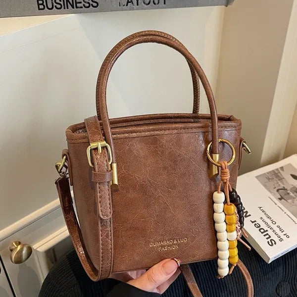 Leather Bucket Bag – Women's Crossbody Handbag with Bead Charm