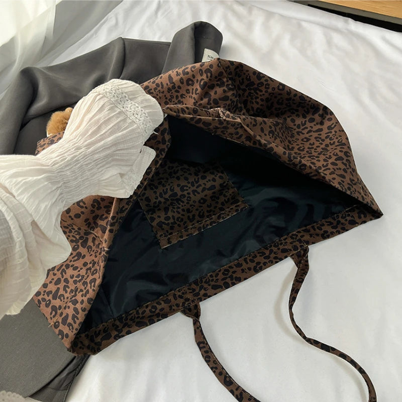 Leopard Print Canvas Tote Bag – Large Capacity Shoulder Handbag for Women